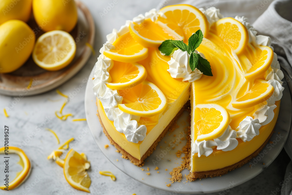 Lemon biscuit dessert decorated coconut flake Delicate cake with white cream cheese. Piece of Homemade lemon pie cake on a wooden table with yellow ripe lemons and background, closeup