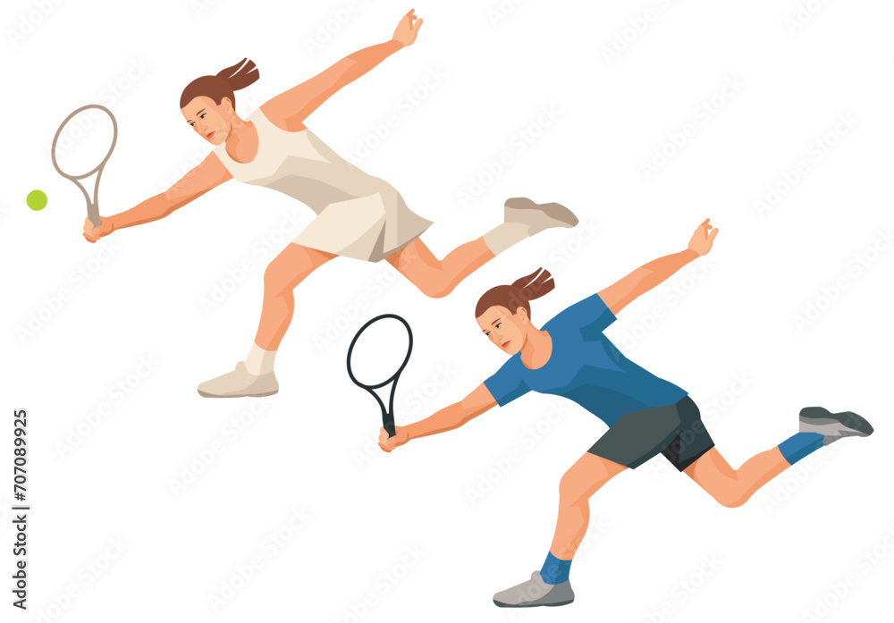Two figures of girl tennis player in a white dress and blue sportswear in profile who run forward to hit the ball