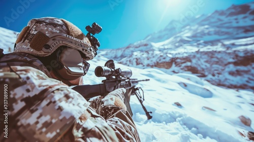 Blending into the rocky terrain, a highly trained sniper takes aim at the enemy, his calm demeanor and calculated precision a testament to his lethal expertise in the mountains. photo