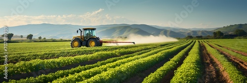 Farming agriculture tractor spraying plants in a field