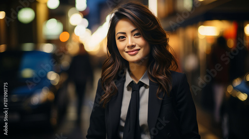 Asian  portrait and businesswoman with night  city and professional entrepreneur in street. Happy  smiling and urban town with Japanese female wearing a business suit for leadership and bokeh success