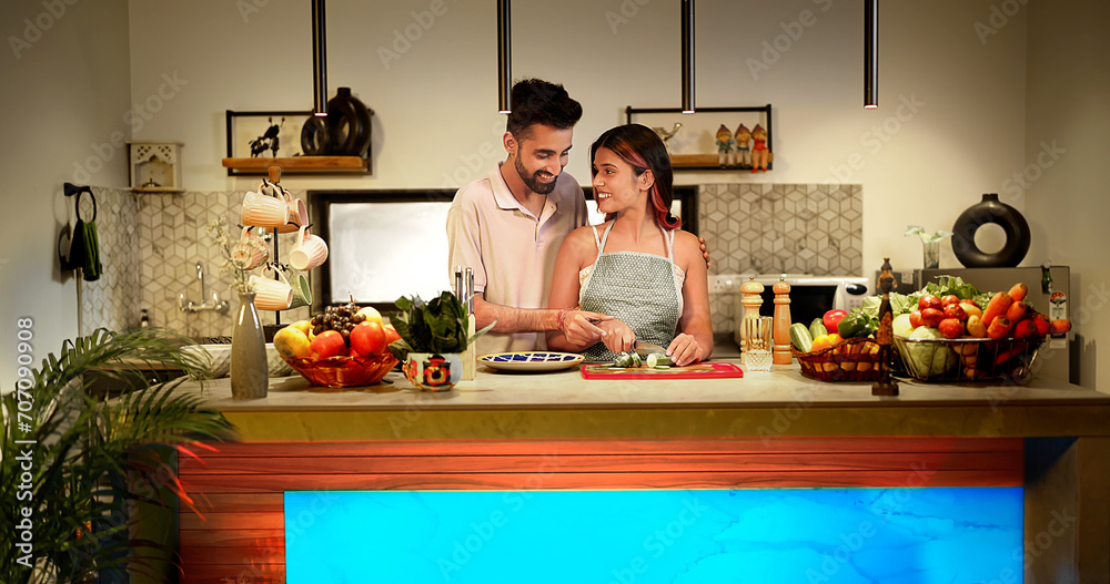 Φωτογραφία Indian Asian happy smiling young lover family couple pair gen z man hug behind w