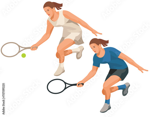Figures of a women's tennis player in casual blue sportswear and classic white dress who bent down to hit the ball with a racket © ivnas