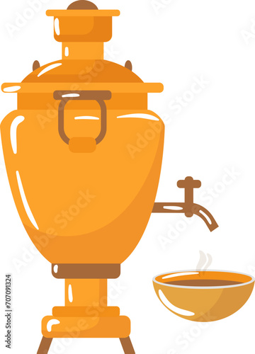 Orange samovar with steam, traditional Russian tea urn. Hot beverage served from tap into a cup. Warm tea time, cultural drink vector illustration.