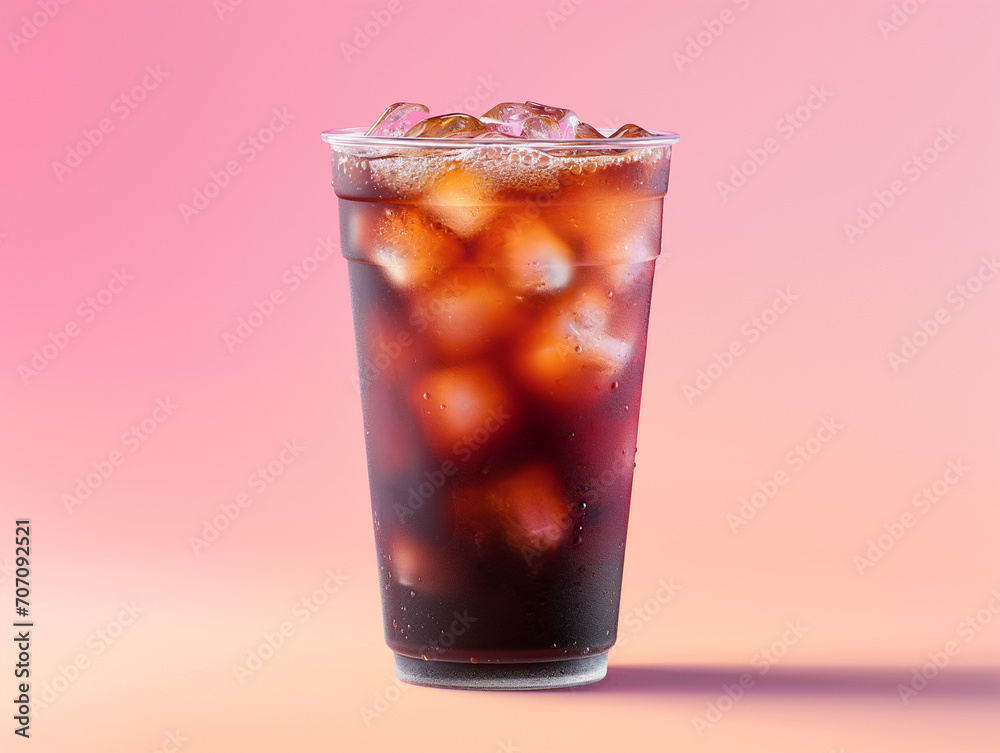 A photo of an Americano in a transparent glass filled with ice, cool coke A photo of an Americano in a transparent glass filled with ice, cool coke