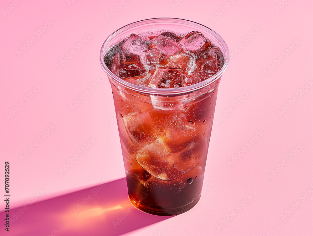A photo of an Americano in a transparent glass filled with ice, cool coke A photo of an Americano in a transparent glass filled with ice, cool coke