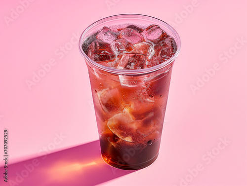 A photo of an Americano in a transparent glass filled with ice, cool coke