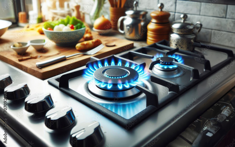 Closeup shot of blue fire from domestic kitchen stove top. Gas cooker with burning flames of propane gas. Industrial resources and economy concept. Closeup shot of blue fire from domestic kitchen stove top. Gas cooker with burning flames of propane gas. Industrial resources and economy concept.