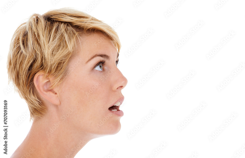 Woman, face and shock on mockup space for news, notification or alert on a white studio background. Closeup, profile or female person, model or blonde looking with facial expression at special offer Woman, face and shock on mockup space for news, notification or alert on a white studio background. Closeup, profile or female person, model or blonde looking with facial expression at special offer