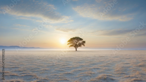 A lone tree stands in the middle of a plain with grass covered in frost. The morning sun illuminates the valley with golden rays.