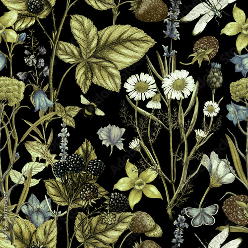 Beautiful hand drawn seamless pattern with nice watercolor wild flowers and leaves on dark background