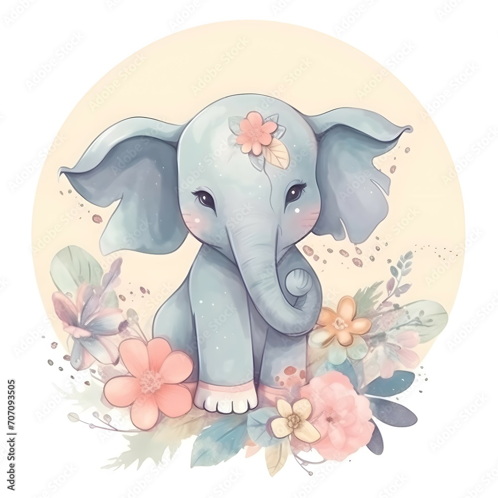stiker elefante bebe, colores pastel, en una nube, con flores, dibujo, fantasia 4k