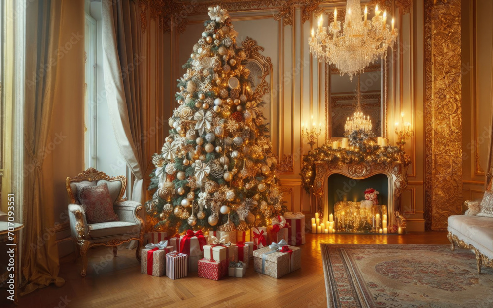 Amazing and cozy christmas living room interior with modular sofa, boucle armchair, wooden consola, candlestick, christmas tree, gifts, decoration and elegant accessories.