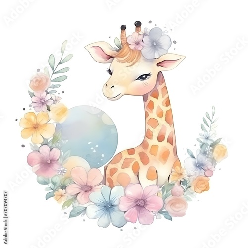 stiker jirafa beb?, en una nube, con flores con un biberon, color pastel, dubujo, fantasia 4k photo