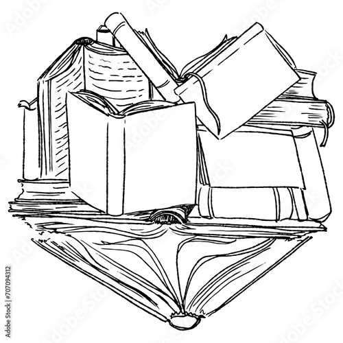 Line black and white illustration of the heart made of books