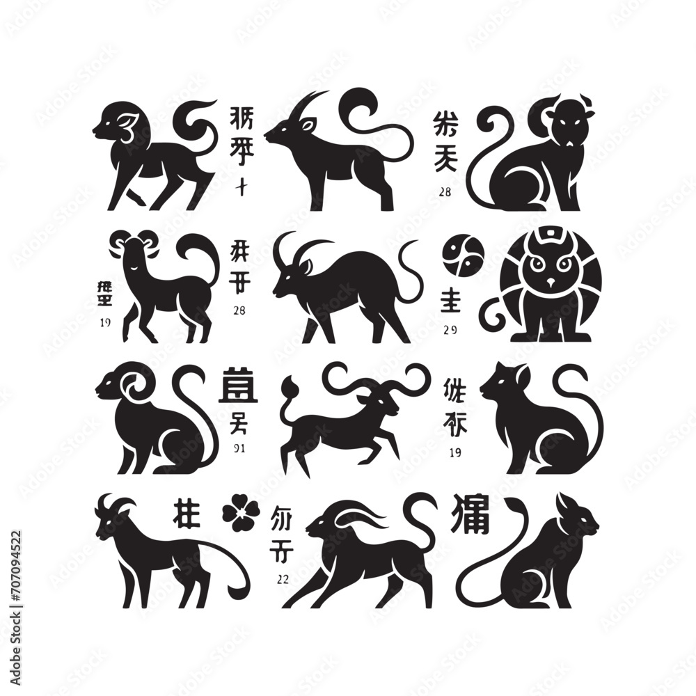 Fototapeta premium Harmonious Shadows Revealed: A Meticulously Crafted Collection of Chinese Zodiac Animal Silhouette Stock Imagery - Chinese New Year Silhouette - Chinese Zodiac Animal Vector Stock 