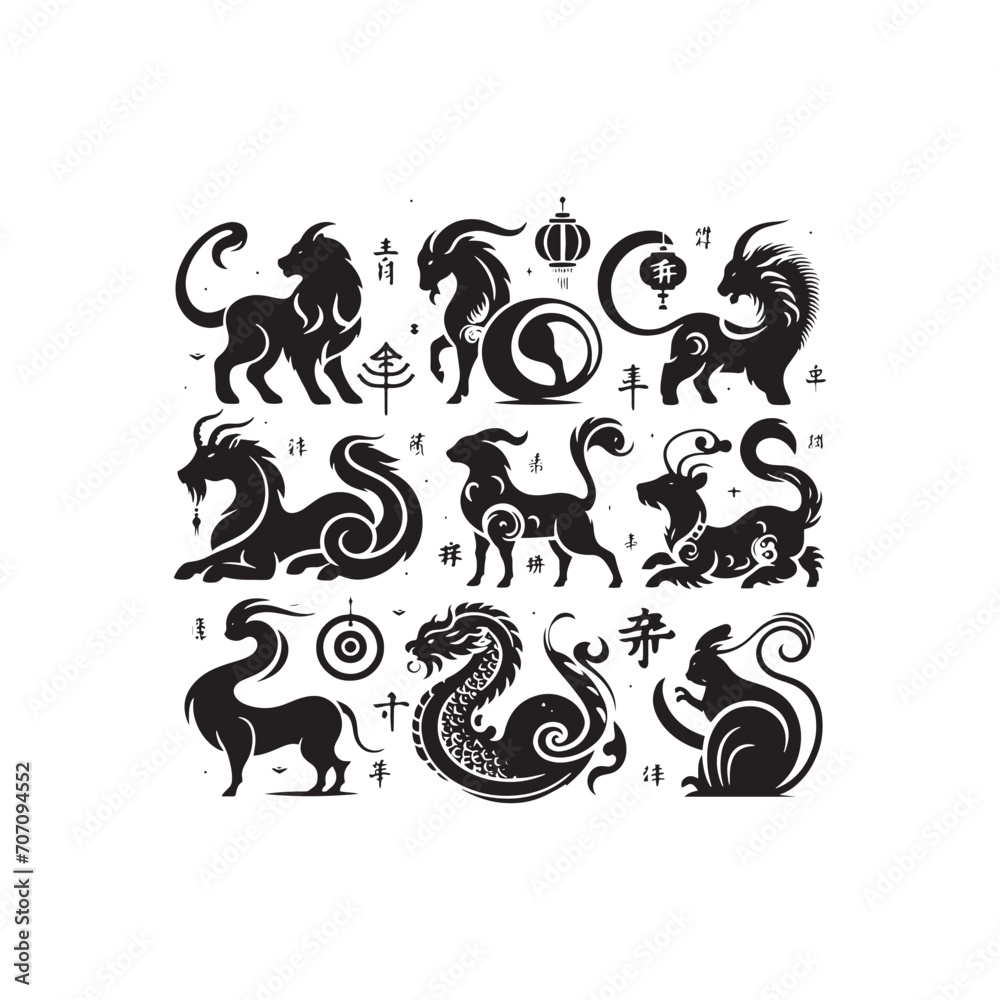 Obraz premium Oriental Elegance Captured: A Mesmerizing Chinese Zodiac Animal Silhouette Stock Portfolio - Chinese New Year Silhouette - Chinese Zodiac Animal Vector Stock 