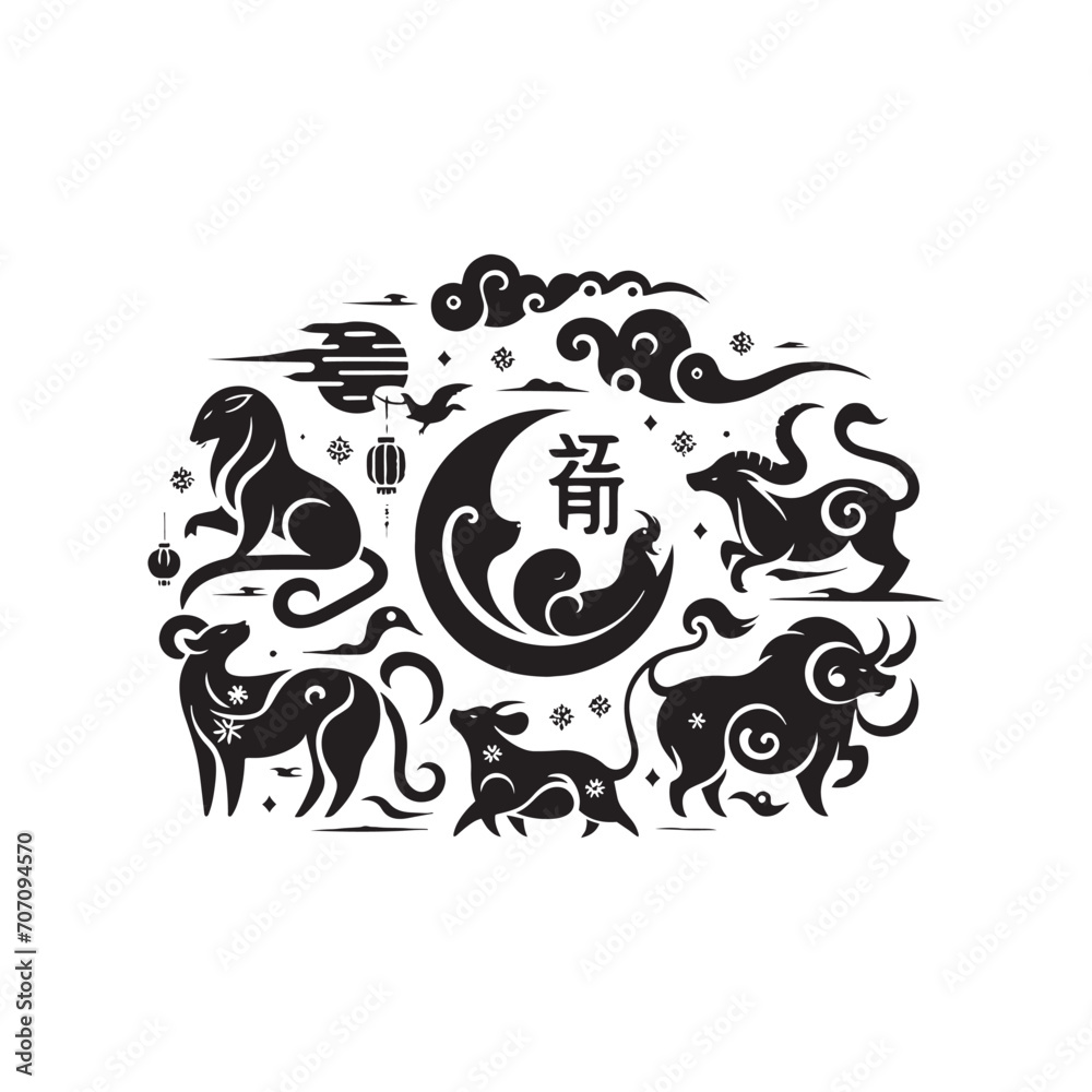 Fototapeta premium Lunar Legacy Illuminated: Timeless Chinese Zodiac Animal Silhouette Stock Images Tailored for Chinese New Year - Chinese New Year Silhouette - Chinese Zodiac Animal Vector Stock 