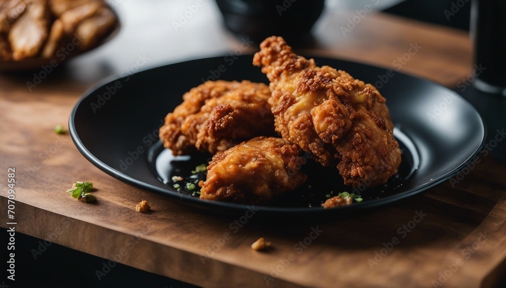 Fried chicken drumsticks in a black plate on a wooden table Fried chicken drumsticks in a black plate on a wooden table