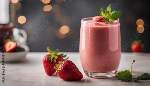 Strawberry smoothie in a glass on the table. Blurred background