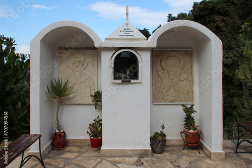 outdoor orthodox altar in a village (argiroupoli) in crete in greece  photo