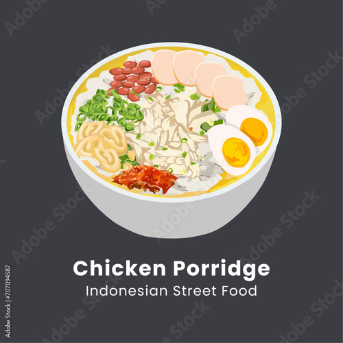 Vector illustration of bubur ayam or chicken porridge. Indonesian street food