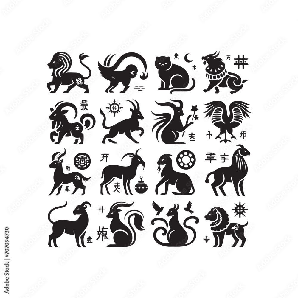 Fototapeta premium Celestial Harmony Embodied: Exquisite Chinese Zodiac Animal Silhouette Portraits Perfect for Stock Enthusiasts - Chinese New Year Silhouette - Chinese Zodiac Animal Vector Stock 