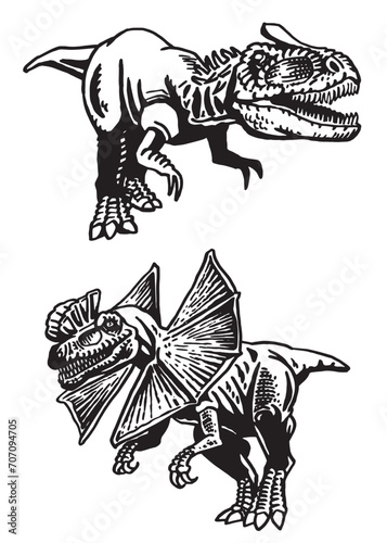 Graphical collection of dinosaurs  on white background,vector illustration for tattoo, design and printing