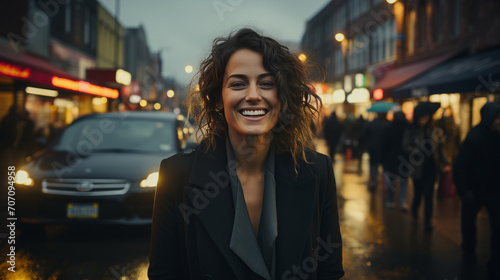 Woman, portrait and business with night, street and professional entrepreneur in city. Happy, smiling and urban with modern female wearing a business suit for leadership and bokeh success © BotStarter/Peopleimages - AI