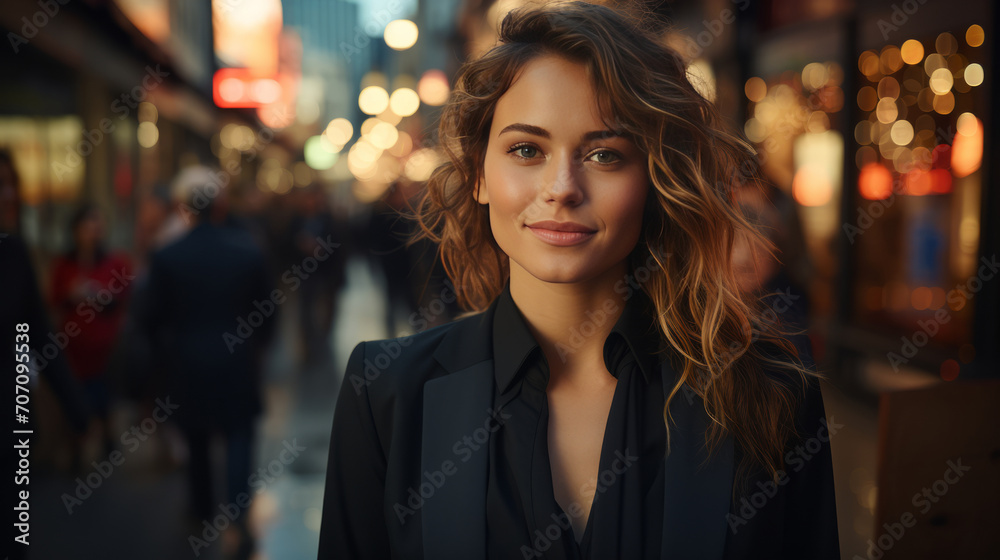 Woman, portrait and business with night, street and professional entrepreneur in city. Happy, smiling and urban with modern female wearing a business suit for leadership and bokeh success Woman, portrait and business with night, street and professional entrepreneur in city. Happy, smiling and urban with modern female wearing a business suit for leadership and bokeh success