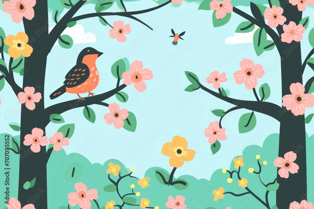 Floral summer design with hand-painted abstract flowers with birds in different colors on white background.