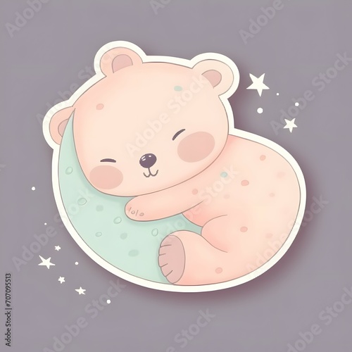 stiker oso bebe durmiendo en la luna , colores pastel dibujo, fantasia 4k