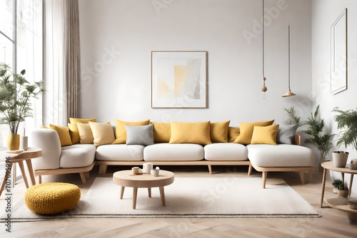 light white and yellow corner sofa near fireplace. Scandinavian home interior design of modern living room   © Sikandar Hayat