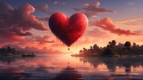 red heart shaped hot air balloon floating over lake on sunset.