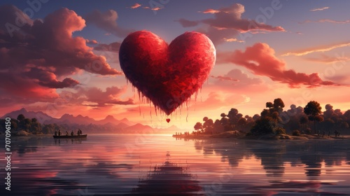 red heart shaped hot air balloon floating over lake on sunset. photo