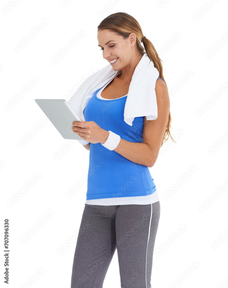 Woman, fitness and tablet in studio for social media, data or results of workout, exercise or training progress. Sports model typing on digital technology for website or blog on a white background Woman, fitness and tablet in studio for social media, data or results of workout, exercise or training progress. Sports model typing on digital technology for website or blog on a white background