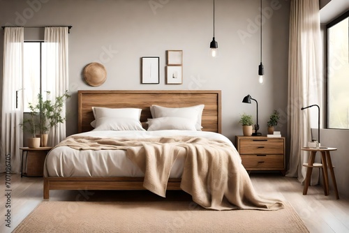 Wood bedside cabinet near bed with beige blanket. Farmhouse interior design of modern bedroom   
