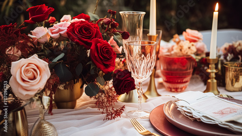 Wedding and event celebration tablescape with flowers  formal dinner table setting with roses and wine  elegant floral table decor for dinner party and holiday decoration  home styling