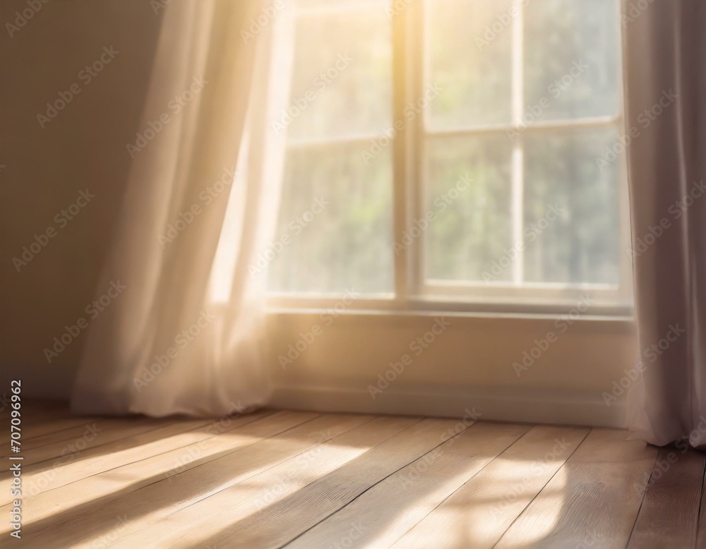 Fototapeta premium creamy background with a shade of window and soft light in room wooden floor blurry