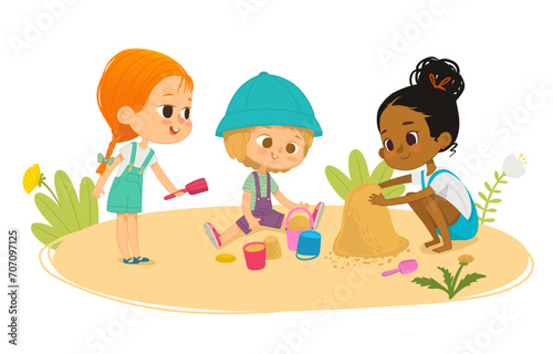 Playground with kids. Vector illustration of children, boy and girl share their toys while playing in sandbox sandpit on playground. Children on the playground area, playing together. Vector