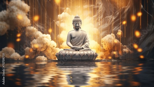 Lord buddha sitting water in flowers photography image Ai generated art photo