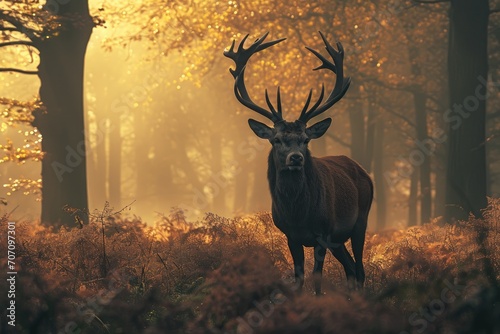 A majestic stag stands among the misty autumn trees, its antlers reaching towards the foggy sky in a serene display of wildlife in nature © AiAgency