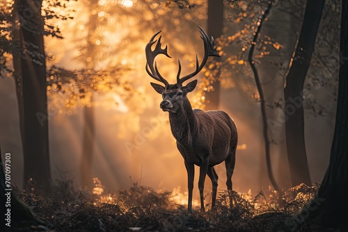 A majestic buck stands tall among the misty trees  his antlers a symbol of strength and grace in the autumn woods