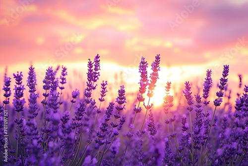 A breathtaking landscape of lavender fields, blooming in the warmth of the summer sun under a violet sky, as the clouds dance in the horizon