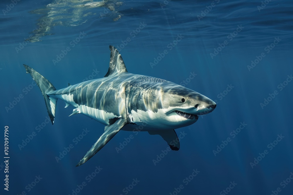 Fototapeta premium A majestic whale shark gracefully glides through the clear blue water, its softfinned body a testament to the wonder and beauty of marine biology