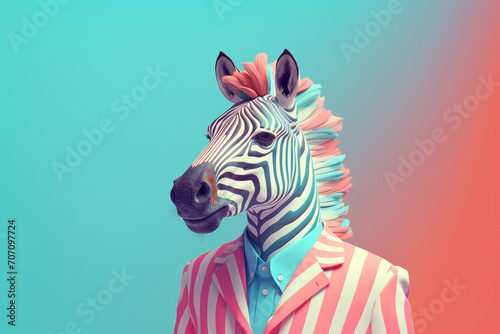 Creative funky portrait of a man with zebra head. Conceptual modern art.