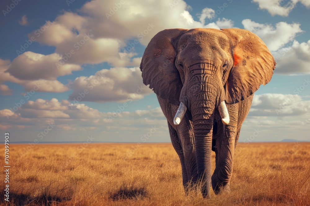 A majestic african elephant stands tall in the savanna, its tusk gleaming in the sunlight as it walks through a field of lush green grass, the vast sky and clouds serving as a stunning backdrop to th