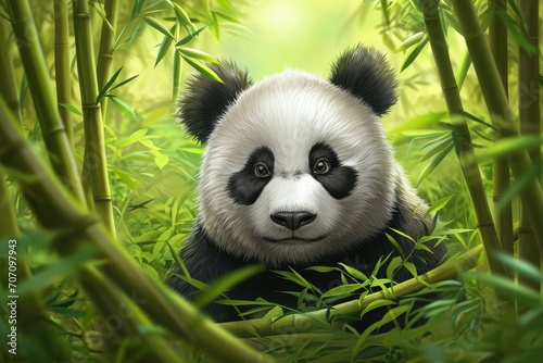 A majestic giant panda navigates through a lush bamboo forest  its furry snout blending in with the surrounding plants as it roams freely in its natural outdoor habitat