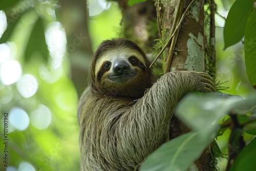 A peaceful sloth hangs gracefully from a towering tree, embodying the tranquil essence of the wild © AiAgency