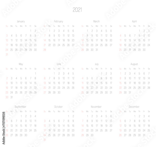 Monthly calendar of year 2021. Week starts on Sunday. Block of months in two rows and six columns horizontal arrangement. Simple thin minimalist design. Vector illustration.